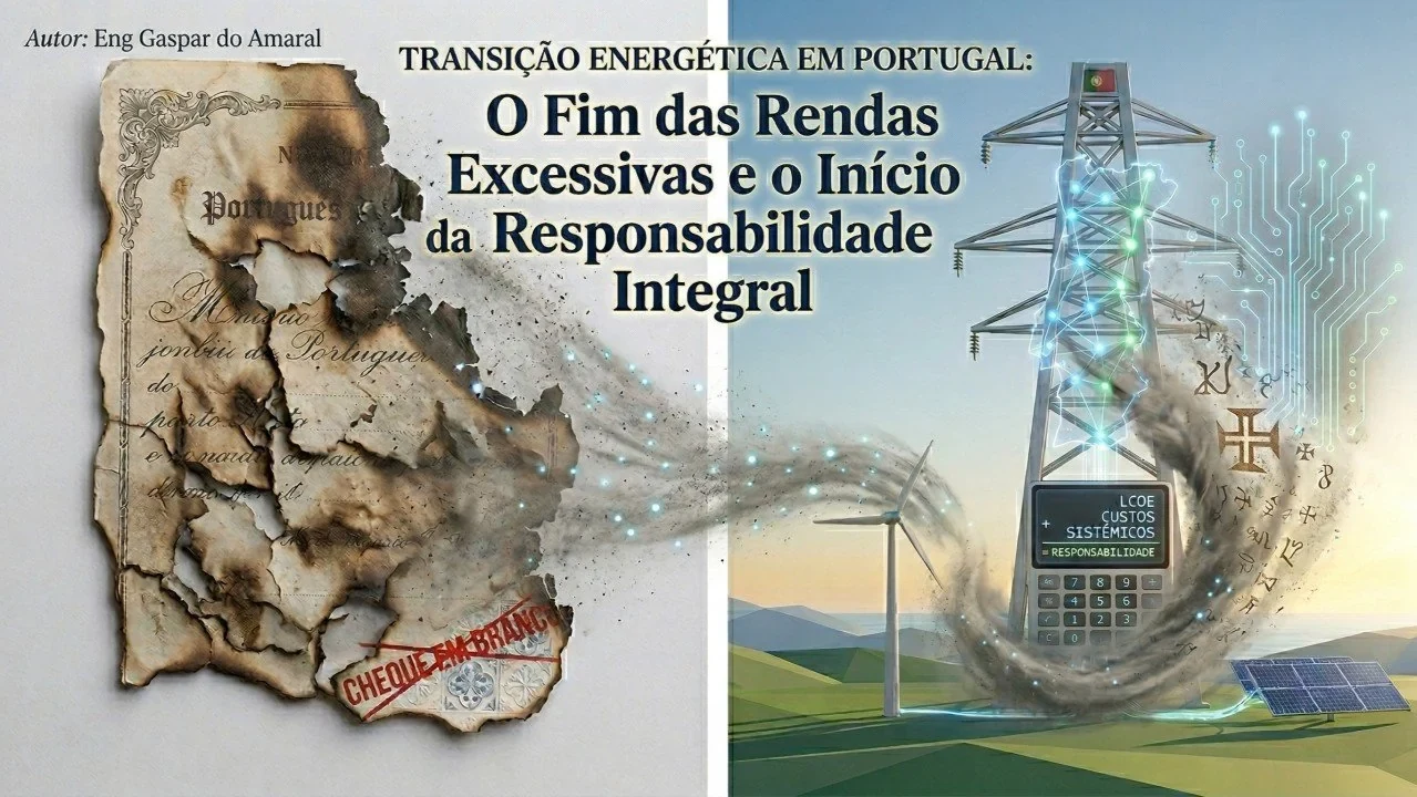 الرسم الأصلي للمقالة، ونصوصه بالبرتغالية: العنوان «Transição Energética em Portugal: O Fim das Rendas Excessivas e o Início da Responsabilidade Integral» و«Autor: Eng Gaspar do Amaral» (المؤلف). على اليسار وثيقة قديمة محترقة عليها ختم «Cheque em branco» (شيك على بياض) مشطوب؛ وعلى اليمين برج نقل كهربائي وآلة حاسبة تعرض «LCOE + custos sistémicos = responsabilidade» (التكلفة المستوية + التكاليف المنظومية = المسؤولية)، إلى جانب توربين رياح وألواح شمسية. © Aprecisa.com