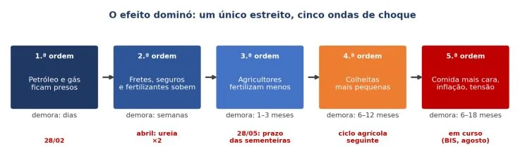 As cinco ondas de choque de 2026: do petróleo preso no estreito à comida mais cara, com meses de atraso entre cada uma.