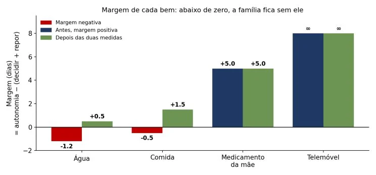 Margem de cada bem antes e depois das duas medidas: abaixo de zero, a família fica sem ele. Valores ilustrativos.