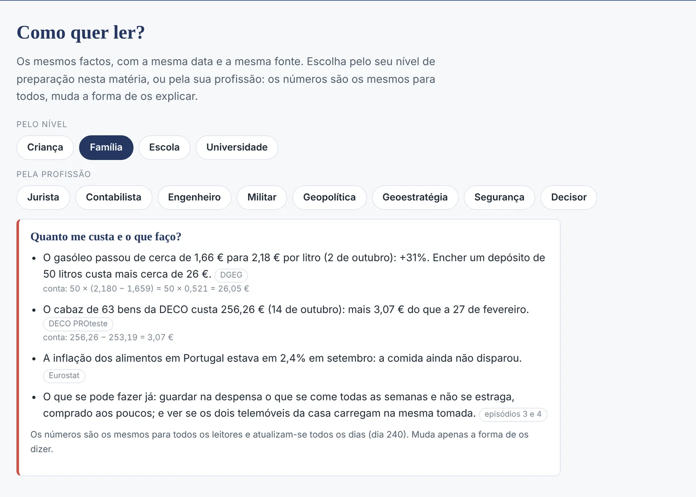 Figura 6 — «Como quer ler?»: a leitura da família no painel, com as contas à vista.