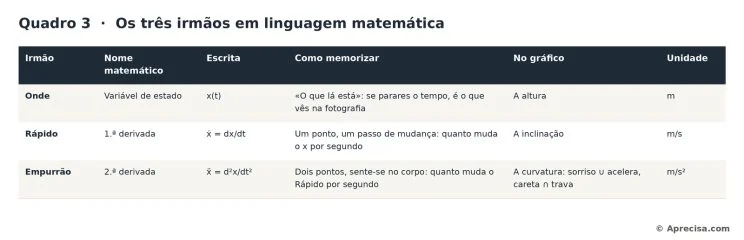 Quadro 3: Os três irmãos em linguagem matemática. Cada irmão tem um nome matemático, uma escrita, uma regra de memorização e uma leitura no gráfico.