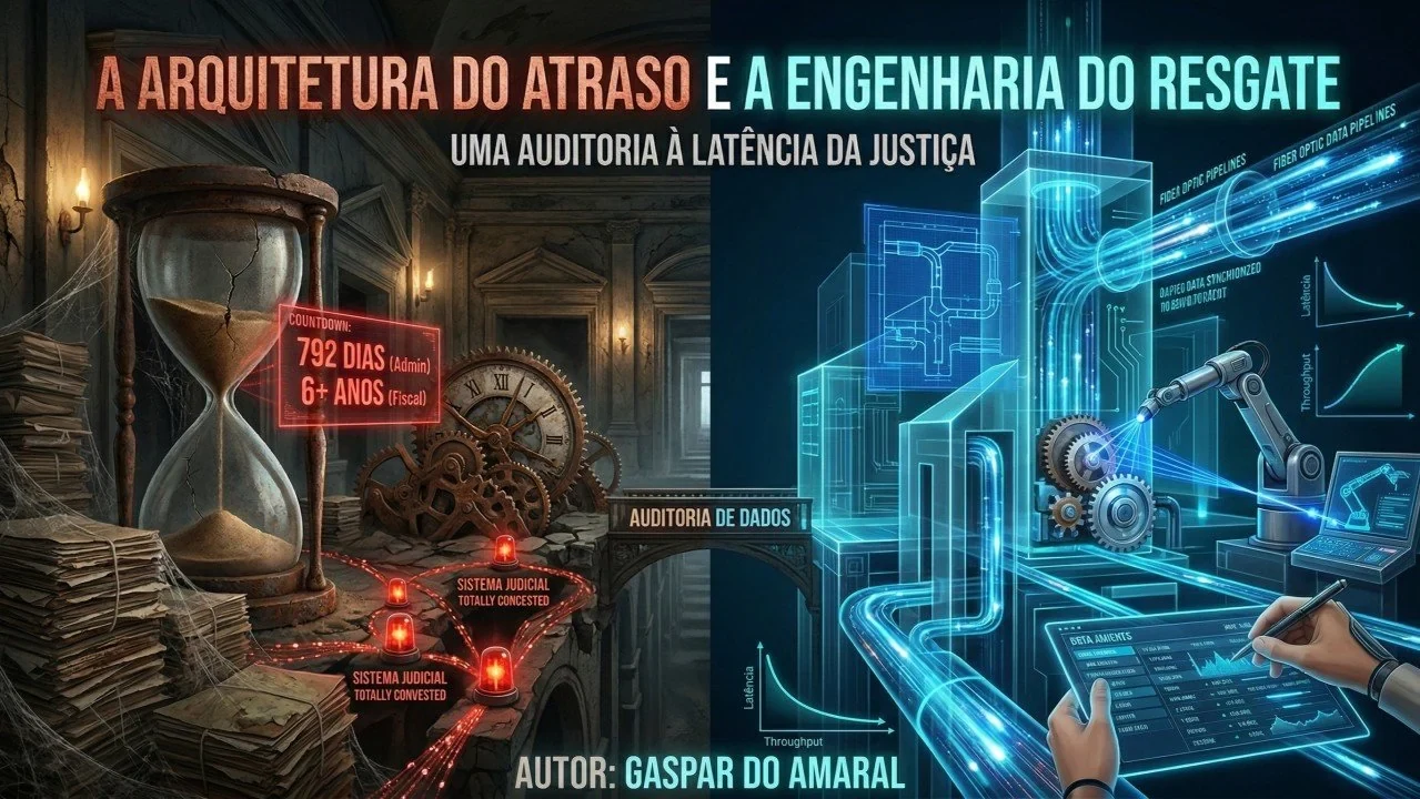 Original illustration of the article, with its texts in Portuguese and English. Title: “A Arquitetura do Atraso e a Engenharia do Resgate” (The architecture of delay and the engineering of rescue), subtitle “Uma auditoria à latência da justiça” (An audit of the latency of justice). On the left, in a ruined hall with cobwebs and piles of paper, a cracked hourglass and rusty cogwheels; a red “countdown” panel reads “792 dias (Admin)” and “6+ anos (Fiscal)” (792 days, administrative; 6+ years, tax), and red warning lights carry the words “Sistema judicial totally congested” (judicial system totally congested). In the centre, a bridge labelled “Auditoria de dados” (data audit). On the right, a luminous blue structure with fibre-optic data pipelines, a robotic arm, cogwheels, graphs of “Latência” (latency) and “Throughput”, and a hand writing on a tablet with data tables. At the bottom: “Autor: Gaspar do Amaral” (Author: Gaspar do Amaral). © Aprecisa.com