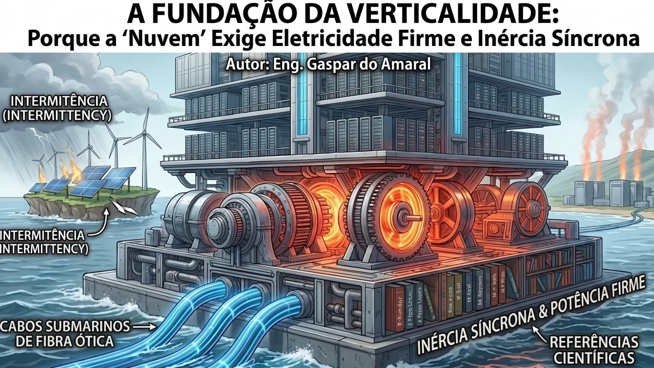 Original illustration of the article, with its texts in Portuguese. A tall building full of servers stands on a heavy base of large rotating machines in the sea, fed by submarine fibre-optic cables; on the left, an island with wind turbines and solar panels under a storm; on the right, thermal power stations. Texts: “A Fundação da Verticalidade: Why the ‘Cloud’ Demands Firm Electricity and Synchronous Inertia”; “Author: Eng. Gaspar do Amaral”; “Intermittency” (twice, in Portuguese and English); “Submarine fibre-optic cables”; “Synchronous inertia &amp; firm power”; “Scientific references”. © Aprecisa.com