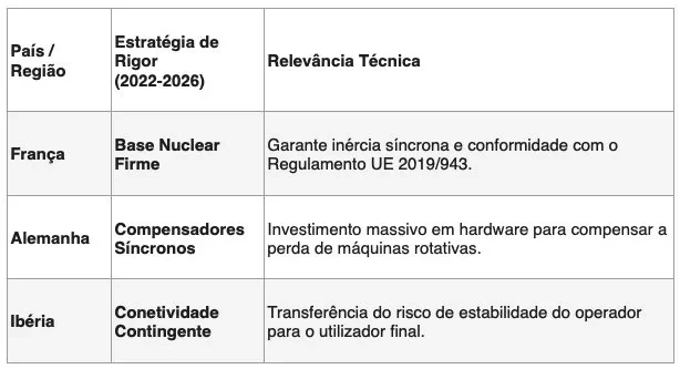 Table in the original (in Portuguese). Columns: country/region · rigour strategy (2022–2026) · technical relevance. France — “Base Nuclear Firme” (firm nuclear base): guarantees synchronous inertia and compliance with Regulation (EU) 2019/943. Germany — “Compensadores Síncronos” (synchronous compensators): massive investment in hardware to compensate for the loss of rotating machines. Iberia — “Conetividade Contingente” (contingent connectivity): transfer of the stability risk from the operator to the end user. © Aprecisa.com