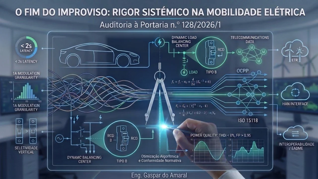 Original illustration of the article, with its texts in Portuguese and English. Title: “O fim do improviso: rigor sistémico na mobilidade elétrica” (The end of improvisation: systemic rigour in electric mobility), subtitle “Auditoria à Portaria n.º 128/2026/1” (Audit of Portaria n.º 128/2026/1). A drafting compass and a hand over a technical diagram of an electric car connected to the grid, with the labels: < 2s latency; 1A modulation granularity; dynamic load balancing centre; RCD type B (“tipo B”); telecommunications data; OCPP; HAN interface; ISO 15118; power quality THDi < 8%, PF > 0.95 (“FP”); “Seletividade vertical” (vertical selectivity); “Otimização algorítmica e conformidade normativa” (algorithmic optimisation and regulatory compliance); “Interoperabilidade / EADME” (interoperability / EADME). Signature: Eng. Gaspar do Amaral. Original in Portuguese. © Aprecisa.com
