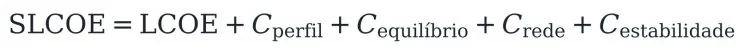 Equation: SLCOE = LCOE + Cprofile + Cbalancing + Cgrid + Cstability (in the image, in Portuguese: perfil, equilíbrio, rede, estabilidade) — the cost of the system per MWh is the cost of the technology plus the integration costs.