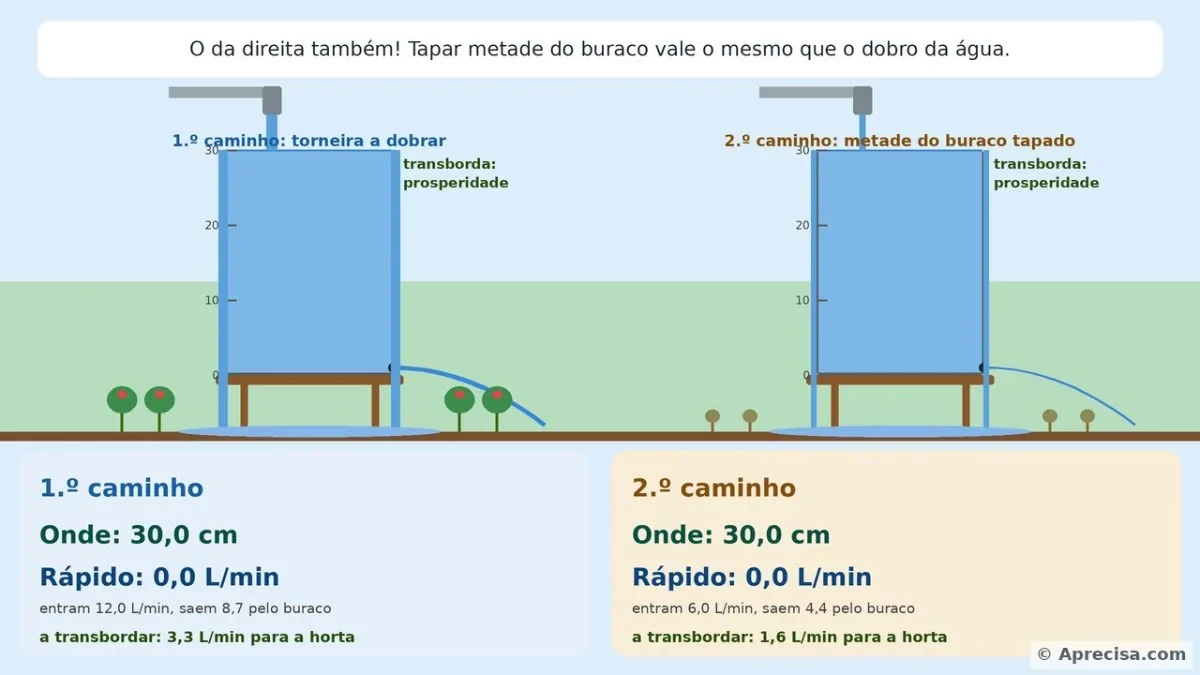 Illustration 5: The two ways out of scarcity. Double the tap or cover half the hole: both buckets overflow. The texts in the image are in Portuguese. © Aprecisa.com