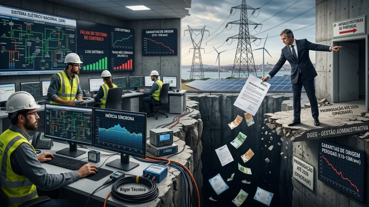 Original illustration of the article, with its texts in Portuguese. On the left, the control room of the “Sistema Elétrico Nacional (SEN)” (National Electricity System), with screens reading “Falha do sistema de controlo” (control system failure), “LCOE sistémico” (systemic LCOE), “Taxas não cobradas (milhões €)” (fees not collected, millions of €), “Garantias de Origem (€10-15M/ano)” (guarantees of origin, €10-15M/year) and “Inércia síncrona” (synchronous inertia), and a cable labelled “Rigor técnico” (technical rigour). On the right, across an abyss into which banknotes and certificates fall, a man drops the “Despacho n.º 34/2026” (Order No. 34/2026) and points to the door “IP – Infraestruturas de Portugal”; on the ledge, “DGEG – Gestão administrativa” (administrative management), “Prorrogação até 2026 (opacidade)” (extension until 2026, opacity) and “Garantias de Origem perdidas (€10-15M/ano)” (guarantees of origin lost, €10-15M/year). © Aprecisa.com