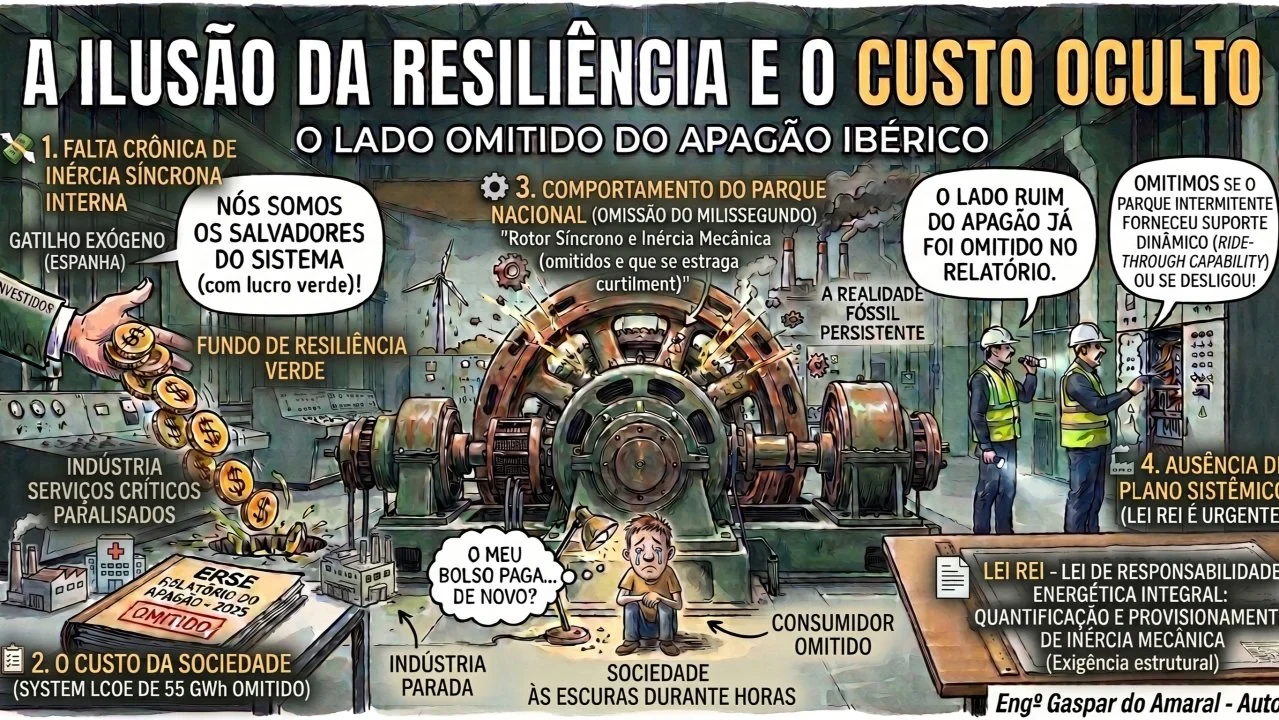 Ilustración original del artículo, con sus textos en portugués. Título: «La ilusión de la resiliencia y el coste oculto — la cara omitida del apagón ibérico». Alrededor de un gran generador síncrono: «1. Falta crónica de inercia síncrona interna» y «desencadenante exógeno (España)»; «2. El coste de la sociedad (System LCOE de 55 GWh omitido)», junto a un informe de la ERSE sobre el apagón con el sello «omitido»; «3. Comportamiento del parque nacional (la omisión del milisegundo)»; «4. Ausencia de un plan sistémico (la Lei REI es urgente)»; y «Lei REI — ley de responsabilidad energética integral: cuantificación y provisión de inercia mecánica (exigencia estructural)». Un consumidor sentado pregunta: «¿Mi bolsillo paga… otra vez?»; abajo, «industria parada» y «sociedad a oscuras durante horas». © Aprecisa.com