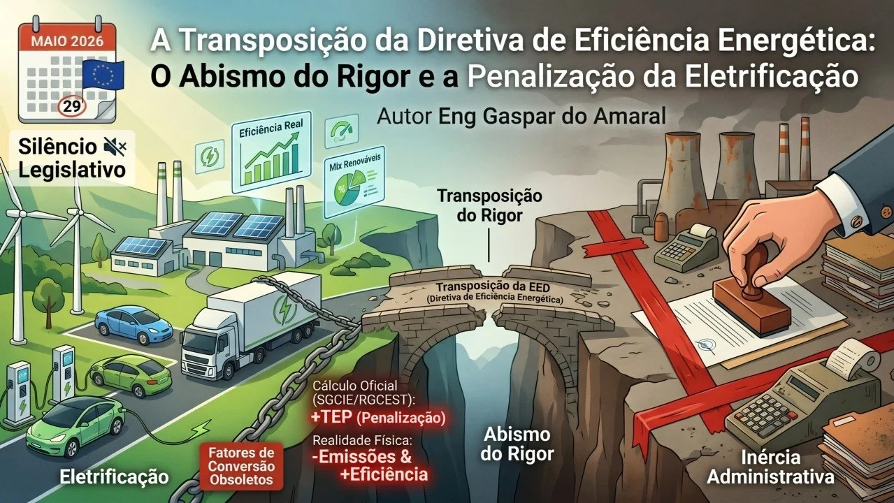 Ilustración original del artículo, con sus textos en portugués. Título: «La transposición de la Directiva de Eficiencia Energética: el abismo del rigor y la penalización de la electrificación», «autor Ing. Gaspar do Amaral». A la izquierda, un calendario en «mayo de 2026 — 29» y «silencio legislativo»; un paisaje verde con «eficiencia real», «mix de renovables», coches y camiones eléctricos y el rótulo «electrificación», frenado por una cadena con la etiqueta «factores de conversión obsoletos». En el centro, un puente roto, «transposición de la EED (Directiva de Eficiencia Energética)» y «transposición del rigor», sobre el «abismo del rigor»; los rótulos «cálculo oficial (SGCIE/RGCEST): +TEP (penalización)» y «realidad física: −emisiones y +eficiencia». A la derecha, cinta roja, un sello de caucho y una sumadora: «inercia administrativa». © Aprecisa.com