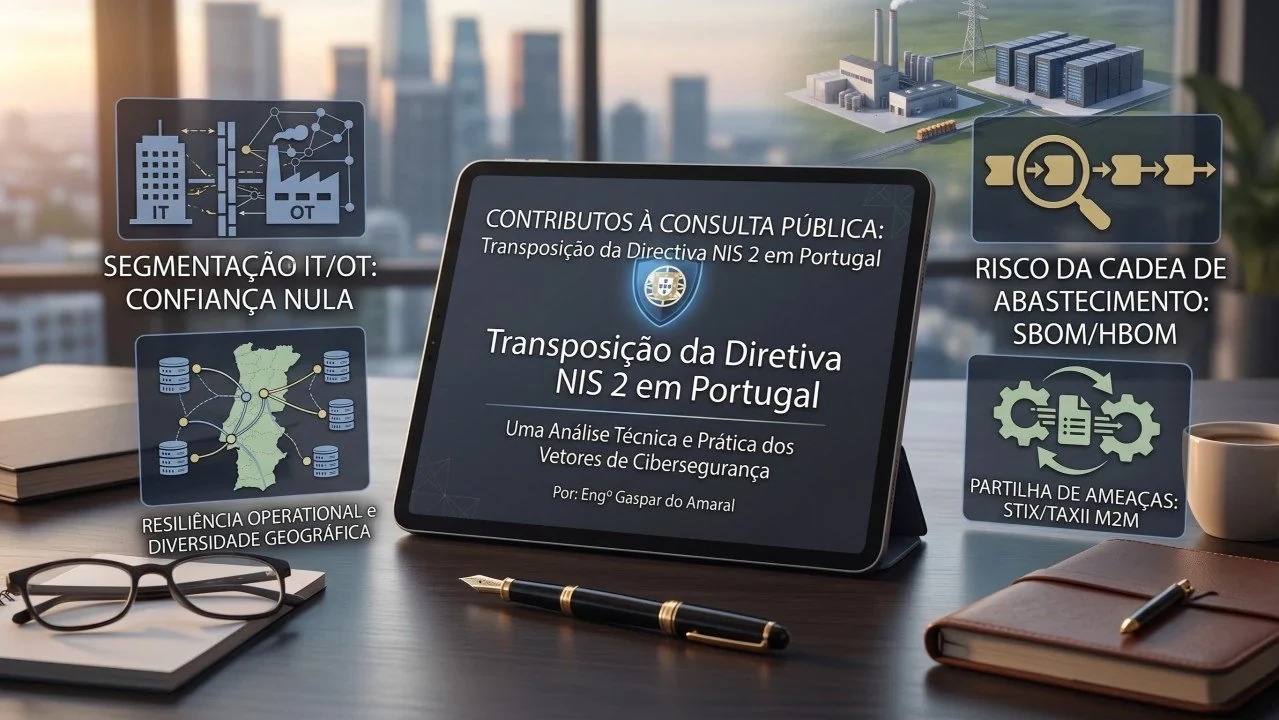 Ilustración original del artículo, con sus textos en portugués. En el centro: «Contribuciones a la consulta pública: transposición de la Directiva NIS 2 en Portugal — un análisis técnico y práctico de los vectores de ciberseguridad». Alrededor: segmentación IT/OT y confianza cero; riesgo de la cadena de suministro (SBOM/HBOM); resiliencia operativa y diversidad geográfica; intercambio de amenazas (STIX/TAXII, de máquina a máquina). © Aprecisa.com