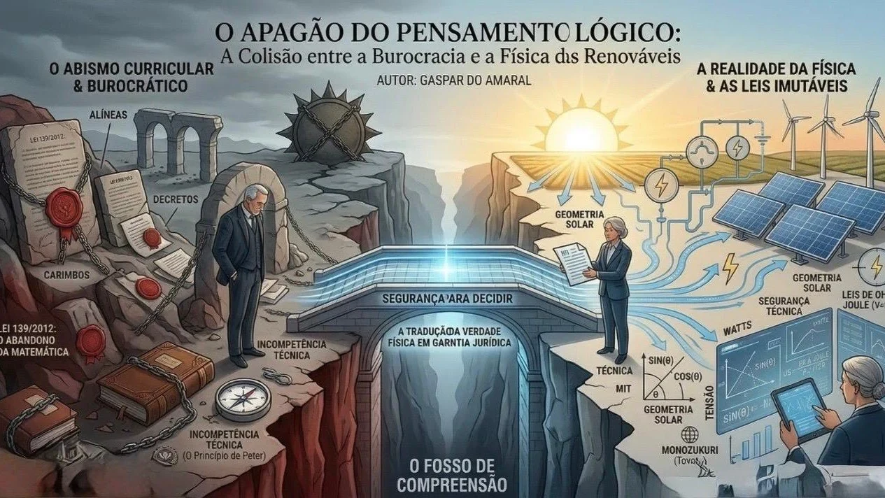 Ilustración original del artículo, con sus textos en portugués. Título: «El apagón del pensamiento lógico: la colisión entre la burocracia y la física de las renovables», autor Gaspar do Amaral. A la izquierda, «El abismo curricular y burocrático»: apartados, decretos, sellos, «Ley 139/2012: el abandono de las matemáticas», «Incompetencia técnica (el principio de Peter)». En el centro, un puente sobre «La brecha de comprensión»: «Segurança para decidir» (seguridad para decidir) y «La traducción de la verdad física en garantía jurídica». A la derecha, «La realidad de la física y las leyes inmutables»: geometría solar, seguridad técnica, vatios, tensión, leyes de Ohm y de Joule, MIT, Monozukuri (Toyota). © Aprecisa.com