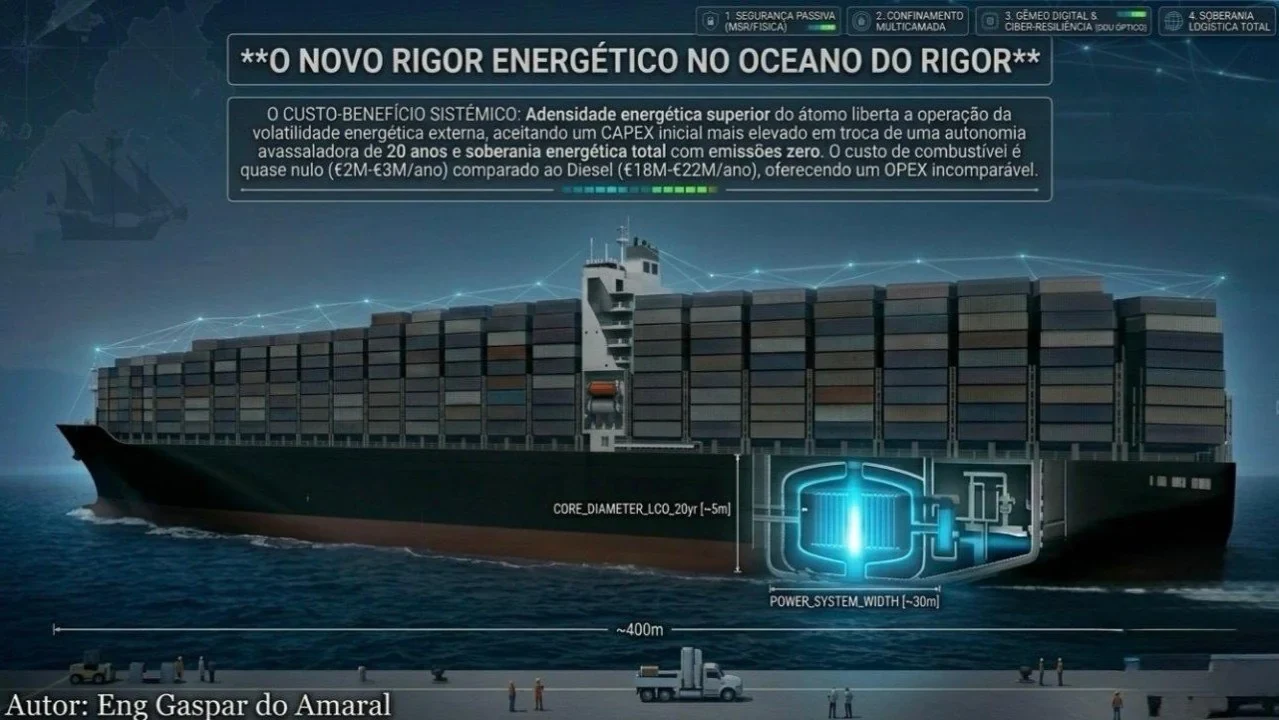 Ilustración de apertura del artículo (original, con sus textos en portugués). Título: «El nuevo rigor energético en el Océano del Rigor». Recuadro: «La relación coste-beneficio sistémica: la densidad energética superior del átomo libera la operación de la volatilidad energética externa, aceptando un CAPEX inicial más elevado a cambio de una autonomía arrolladora de 20 años y de una soberanía energética total con cero emisiones. El coste de combustible es casi nulo (2-3 M€/año) frente al diésel (18-22 M€/año), lo que ofrece un OPEX incomparable». Etiquetas superiores: 1. Seguridad pasiva (MSR/física); 2. Confinamiento multicapa; 3. Gemelo digital y ciberresiliencia (DDU óptico); 4. Soberanía logística total. En el buque portacontenedores (unos 400 m de eslora), el compartimento del reactor, con las etiquetas CORE_DIAMETER_LCO_20yr [~5m] y POWER_SYSTEM_WIDTH [~30m]. Firmado «Autor: Eng Gaspar do Amaral». © Aprecisa.com