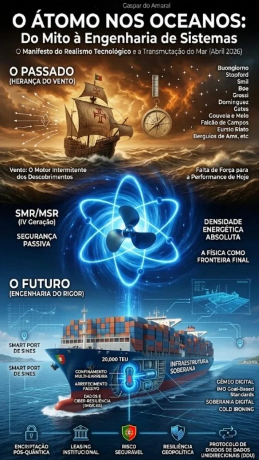 Figura n.º 3 (original, con sus textos en portugués, firmada por Gaspar do Amaral). Título: «El átomo en los océanos: del mito a la ingeniería de sistemas — el manifiesto del realismo tecnológico y la transmutación del mar (abril de 2026)». Arriba, «El pasado (herencia del viento)»: una carabela y una brújula, con los nombres Buongiorno, Stopford, Smil, Bøe, Grossi, Dominguez, Gates, Gouveia e Melo, Falcão de Campos y otros; «Viento: el motor intermitente de los Descubrimientos» y «Falta de fuerza para el rendimiento de hoy». En el centro, un átomo alrededor de una hélice: «SMR/MSR (IV generación)», «seguridad pasiva», «densidad energética absoluta», «la física como frontera final». Abajo, «El futuro (ingeniería del rigor)»: un portacontenedores de 20 000 TEU con un reactor («confinamiento multibarrera», «refrigeración pasiva», «datos y ciberresiliencia (OMI/GBS)», «infraestructura soberana»), «Smart Port de Sines», «gemelo digital», «IMO Goal-Based Standards», «soberanía digital», «cold ironing»; en la base: cifrado poscuántico, leasing institucional, riesgo asegurable, resiliencia geopolítica, protocolo de diodos de datos unidireccionales (DDU). © Aprecisa.com