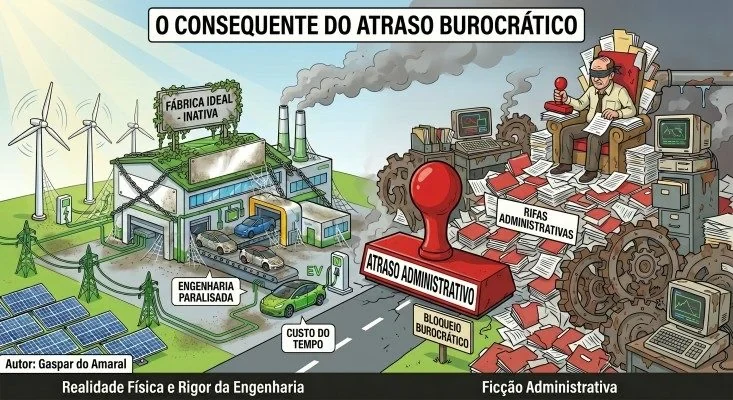 Gambar No. 2 — ilustrasi asli, dengan teks dalam bahasa Portugis: “Akibat dari keterlambatan birokrasi”. Di kiri, “realitas fisik dan ketelitian rekayasa”: turbin angin, panel surya, dan sebuah “pabrik ideal — tidak aktif”, dengan “rekayasa lumpuh” dan “biaya waktu”. Di kanan, “fiksi administratif”: stempel raksasa “keterlambatan administratif”, “blokade birokrasi”, “undian administratif”, dan seorang pejabat bermata tertutup di atas singgasana kertas. “Penulis: Gaspar do Amaral”. © Aprecisa.com