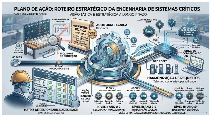 Gambar No. 2 — «Plano de ação: roteiro estratégico da engenharia de sistemas críticos — visão tática e estratégica a longo prazo» (rencana tindakan: peta jalan strategis rekayasa sistem kritis — visi taktis dan strategis jangka panjang). Seorang insinyur dan sebuah roda gigi di tengah jalur dengan tahapan: «Auditoria técnica profunda» (audit teknis mendalam: Portaria 128/2026/1, AFIR), «Esquemas de proteção» (skema proteksi), «30 dias: propostas ERSE» (30 hari: usulan kepada ERSE), «Visão tática: plano de 60 dias (ano 0)» (visi taktis: rencana 60 hari (tahun 0)), «Harmonização de requisitos telemétricos e interoperabilidade» (harmonisasi persyaratan telemetri dan interoperabilitas), «Portas de comunicação HAN» (port komunikasi HAN), «Entidade Agregadora de Dados (EADME)» (Entitas Agregator Data), «Matriz de responsabilidades (RACI): limites legais claros» (matriks tanggung jawab (RACI): batas hukum yang jelas). Di bagian bawah, visi strategis jangka panjang, model kematangan: «Nível I: ano 0-2 (segurança fundacional)» (Tingkat I: tahun 0-2 (keamanan dasar)), «Nível II: ano 2-4 (integração lógica)» (Tingkat II: tahun 2-4 (integrasi logis)), «Nível III: ano 5+ (soberania sistémica)» (Tingkat III: tahun 5+ (kedaulatan sistemik)). Penulis: Eng Gaspar do Amaral. Asli dalam bahasa Portugis. © Aprecisa.com
