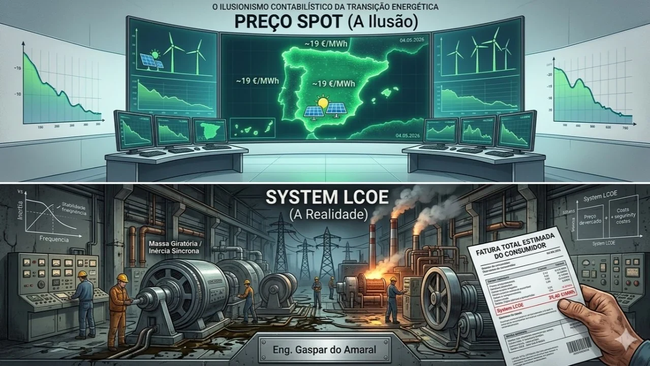 Ilustrasi asli artikel, dengan teks berbahasa Portugis. Di bagian atas, «O ilusionismo contabilístico da transição energética — Preço spot (a ilusão)» (ilusionisme akuntansi transisi energi — harga spot (ilusinya)): ruang trading dengan peta Semenanjung Iberia berwarna hijau dan «~19 €/MWh», bertanggal 04.05.2026. Di bagian bawah, «System LCOE (a realidade)» (System LCOE (kenyataannya)): ruang mesin dengan «Massa giratória / Inércia síncrona» (massa berputar / inersia sinkron), pembangkit termal, dan sebuah tangan memegang «Fatura total estimada do consumidor» (perkiraan tagihan total konsumen) dengan «System LCOE 39,40 €/MWh». Tanda tangan: Eng. Gaspar do Amaral. Asli dalam bahasa Portugis. © Aprecisa.com
