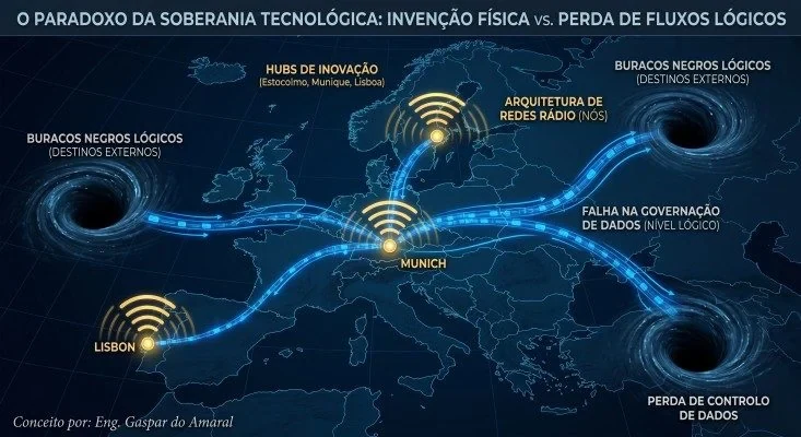 Figura nº 2. Ilustração original, com os textos em português de Portugal: “O paradoxo da soberania tecnológica: invenção física vs. perda de fluxos lógicos”. Sobre um mapa da Europa, os hubs de inovação (Estocolmo, Munique, Lisboa) e a arquitetura de redes rádio (nós) enviam fluxos de dados para “buracos negros lógicos (destinos externos)”; outras legendas: “falha na governação de dados (nível lógico)” e “perda de controlo de dados”. Conceito de Eng. Gaspar do Amaral. © Aprecisa.com