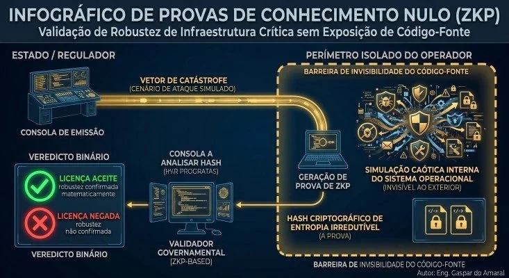 Figura nº 3. Ilustração original, com os textos em português de Portugal: “Infográfico de provas de conhecimento nulo (ZKP) — validação de robustez de infraestrutura crítica sem exposição de código-fonte”. À esquerda, o Estado/regulador e a sua consola de emissão enviam o “vetor de catástrofe (cenário de ataque simulado)” para o “perímetro isolado do operador”, rodeado por uma “barreira de invisibilidade do código-fonte”, onde corre uma “simulação caótica interna do sistema operacional (invisível ao exterior)” e se gera a “prova de ZKP”. O “hash criptográfico de entropia irredutível (a prova)” volta ao “validador governamental (ZKP-based)”, com uma consola a analisar o hash, que dá um “veredicto binário”: “licença aceite — robustez confirmada matematicamente” ou “licença negada — robustez não confirmada”. Autor: Eng. Gaspar do Amaral. © Aprecisa.com