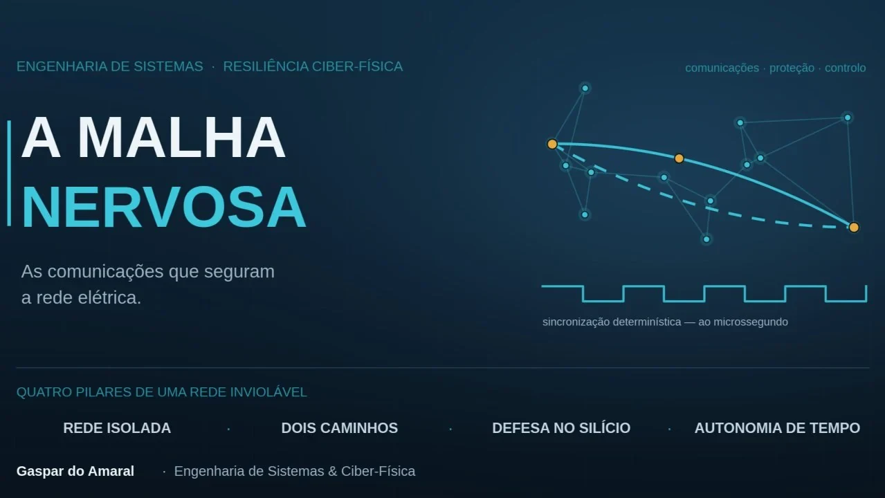 Ilustração original do artigo, com os textos em português de Portugal: “A Malha Nervosa” — as comunicações que sustentam a rede elétrica; comunicações · proteção · controle; sincronização determinística, ao microssegundo. Quatro pilares de uma rede inviolável: rede isolada · dois caminhos · defesa no silício · autonomia de tempo. Original em português de Portugal. © Aprecisa.com