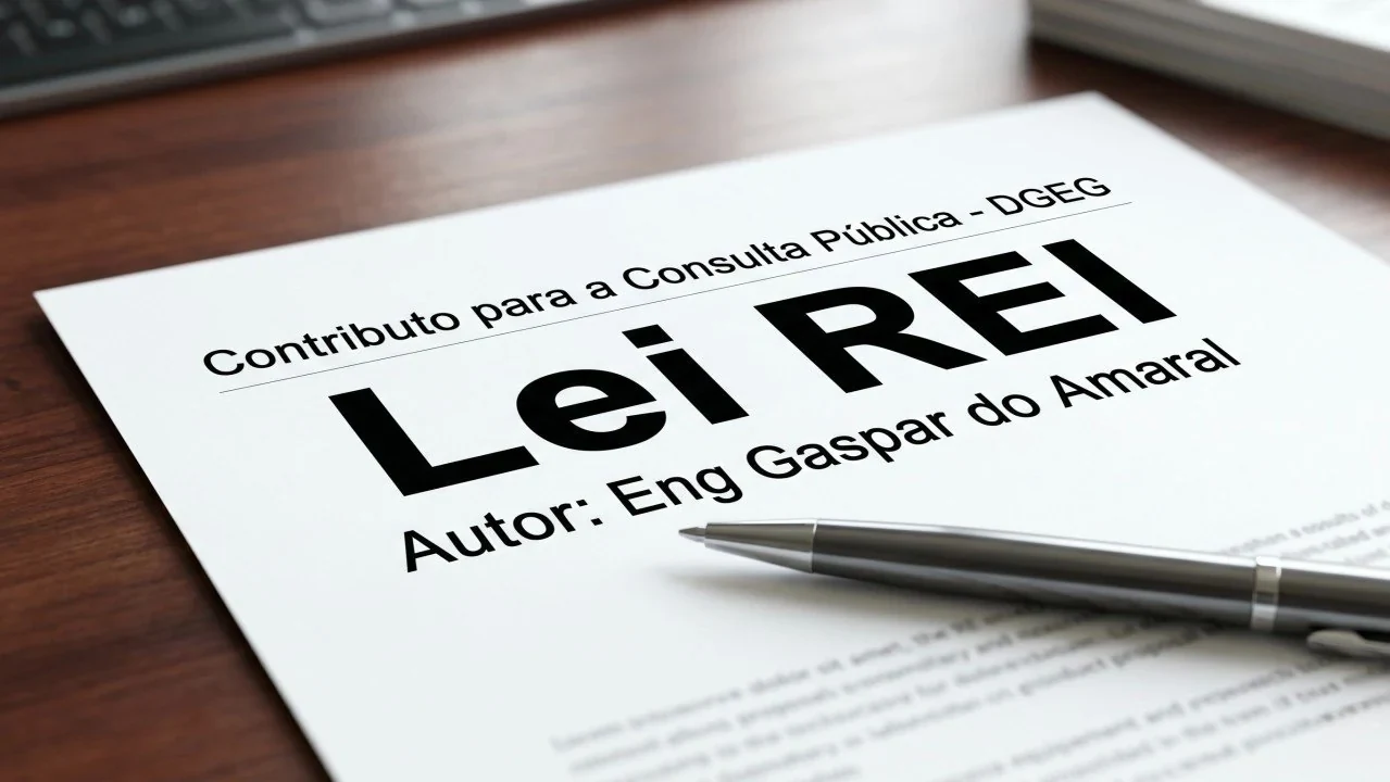 Ilustração original do artigo, com os textos em português de Portugal: numa folha de papel sobre uma mesa de trabalho, ao lado de uma caneta, “Contributo para a Consulta Pública – DGEG” (contribuição para a consulta pública – DGEG), “Lei REI” e “Autor: Eng Gaspar do Amaral”. © Aprecisa.com
