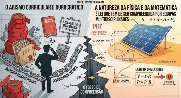 «A exclusão da matemática e o bloqueio administrativo perante as leis imutáveis», por Gaspar do Amaral. Imagem original com os textos em português de Portugal. À esquerda, «O abismo curricular e burocrático»: um livro «MACS», uma placa «Exclusão da Matemática A — DL 139/2012», correntes com «Bloqueio administrativo» e «Insegurança técnica». No centro, «O fosso de compreensão». À direita, «A natureza da física e da matemática é lei que tem de ser compreendida por equipes multidisciplinares»: E = A · η · H · PR, um painel solar com os seus ângulos, os logotipos do MIT, da Toyota Global e do GOV.UK, e «Leis de Ohm / Joule: V = I · R, P = I² · R → potência dissipada». © Aprecisa.com