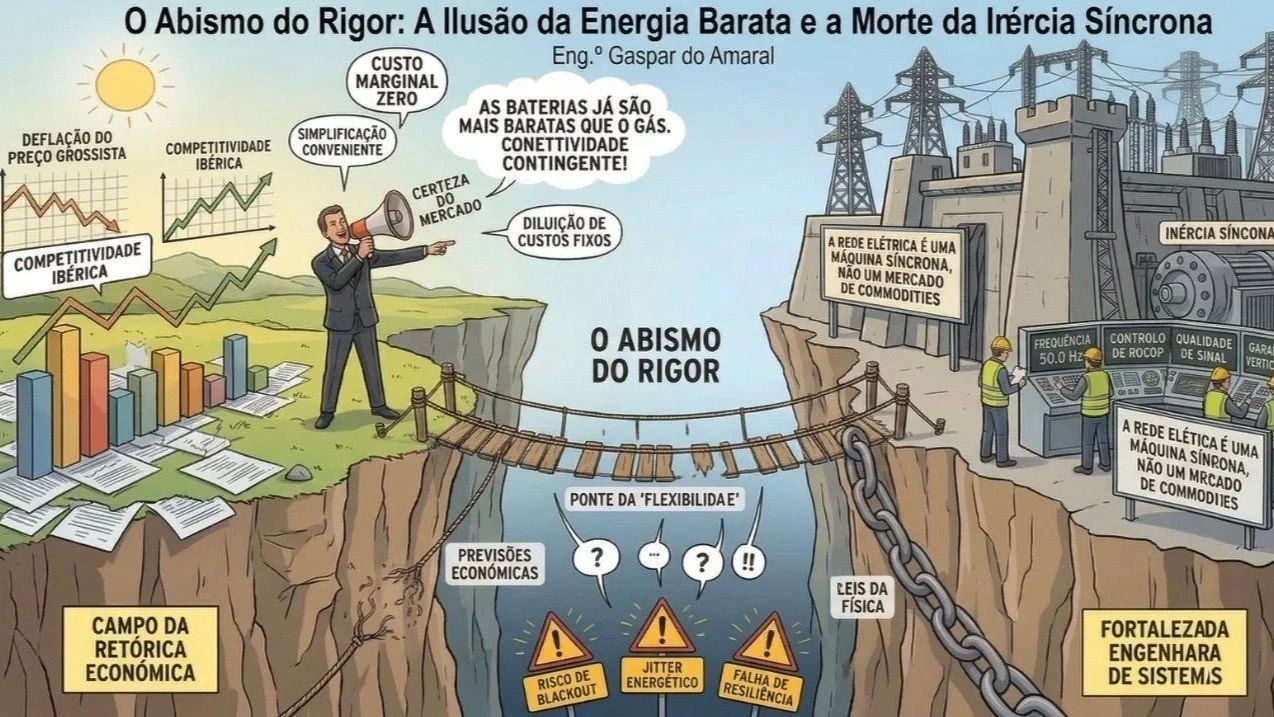 Ilustrasaun orijinál husi artigu, ho testu iha lian portugés. Títulu: «O Abismo do Rigor: A Ilusão da Energia Barata e a Morte da Inércia Síncrona», Eng.º Gaspar do Amaral. Iha karuk, «Campo da Retórica Económica» (kampu retórika ekonómika nian): mane ida ho megafone iha gráfiku sira nia le'et — «Deflação do preço grossista» (presu grosista tun), «Competitividade ibérica» (kompetitividade Ibéria nian) — no balaun liafuan sira: «Custo marginal zero» (kustu marjinál zero), «Simplificação conveniente» (simplifikasaun ne'ebé konveniente), «Certeza do mercado» (serteza merkadu nian), «As baterias já são mais baratas que o gás. Conetividade contingente!» (bateria sira baratu liu ona gás. Konetividade kontinjente!), «Diluição de custos fixos» (fahe kustu fiksu sira). Iha klaran, «O Abismo do Rigor» (abismu rigór nian), ho «Ponte da ‘flexibilidade’» (ponte «flexibilidade» nian) ne'ebé kotu, iha «Previsões económicas» (previzaun ekonómika) nia leten no sinál perigu tolu: «Risco de blackout» (risku eletrisidade mate tomak), «Jitter energético» (jitter enerjia nian), «Falha de resiliência» (falla rezisténsia nian); korrente ida ho liafuan «Leis da física» (lei fízika nian). Iha loos, «Fortaleza da Engenharia de Sistemas» (fortaleza enjeñaria sistema nian): liña eletrisidade, «Inércia síncrona» (inérsia síngrona), enjeñeiru sira iha painel kontrolu nia oin — «Frequência 50,0 Hz» (frekuénsia 50,0 Hz), «Controlo de ROCOF» (kontrolu ROCOF), «Qualidade de sinal» (kualidade sinál) — no plaka rua: «A rede elétrica é uma máquina síncrona, não um mercado de commodities» (rede elétrika mak mákina síngrona ida, la'ós merkadu komoditi nian). © Aprecisa.com