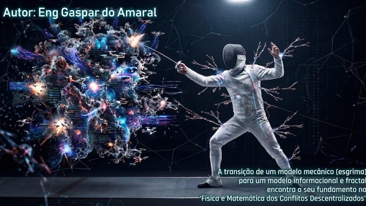 文章原插图，图中文字为葡萄牙语。左上：“Autor: Eng Gaspar do Amaral”（作者：Gaspar do Amaral 工程师）。右下：“A transição de um modelo mecânico (esgrima) para um modelo informacional e fractal encontra o seu fundamento na ‘Física e Matemática dos Conflitos Descentralizados’”（从机械模型（击剑）向信息化、分形模型的过渡，其依据在于“去中心化冲突的物理学与数学”）。画面是一名击剑手，其剑锋迎向由无人机、数据和网络链路组成的云团。© Aprecisa.com